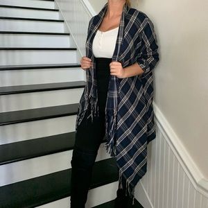 Blue plaid wrap jacket with fringe